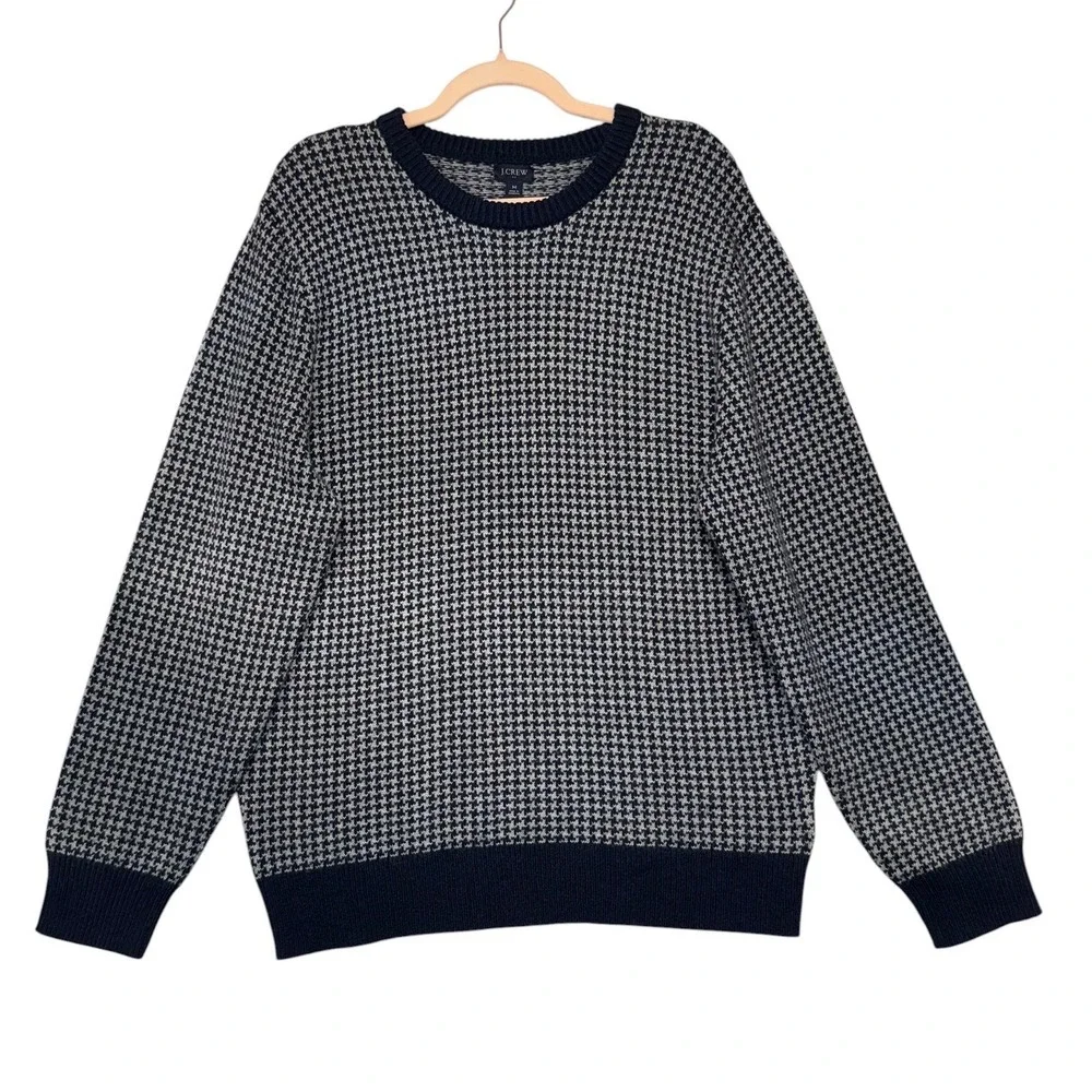 J.Crew Mens Houndstooth Crewneck Sweater Navy Blue Gray Lambswool Blend Size M